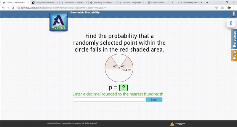 Find the probability that a randomly selected point within the circle falls in the-example-1