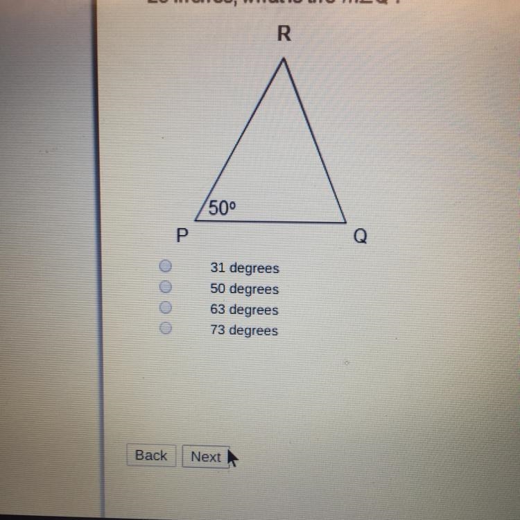 Given RQ = 20 inches and PR = 25 inches what is the m∠Q ?-example-1