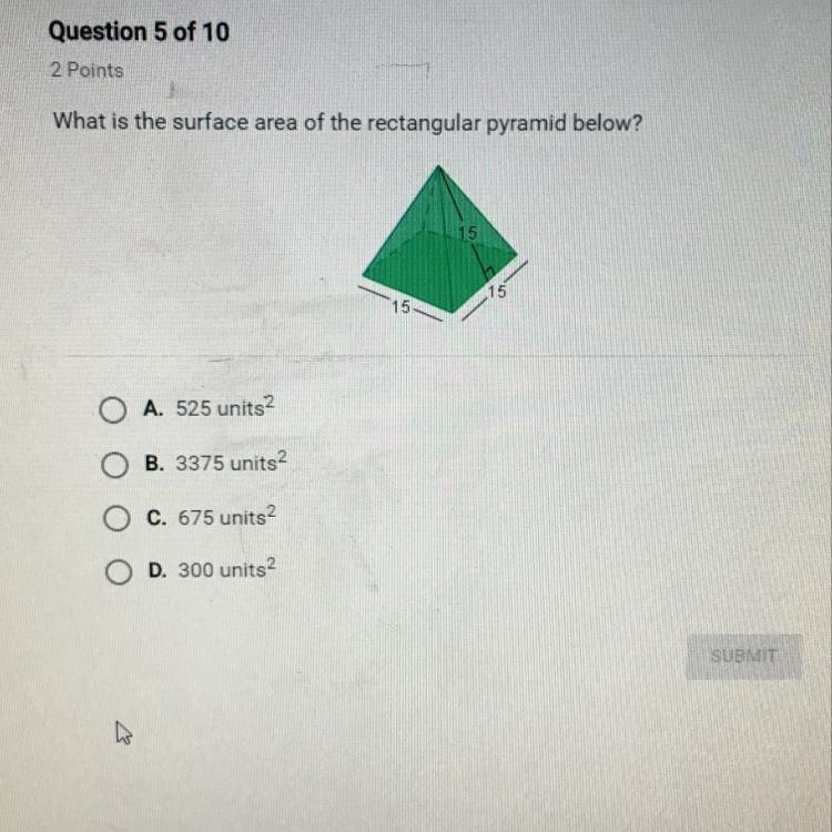 What is the surface area of the rectangular pyramid below-example-1