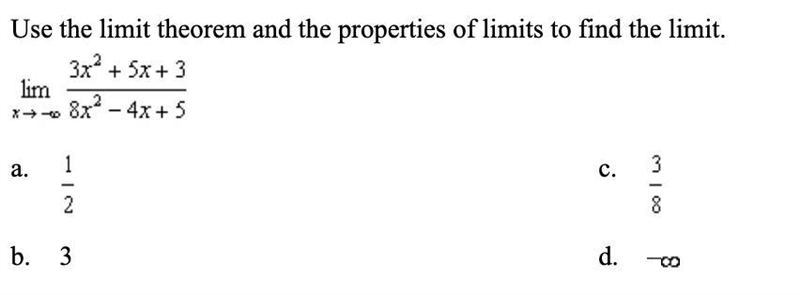 Use the limit theorem and the properties of limits to find the limit.-example-1