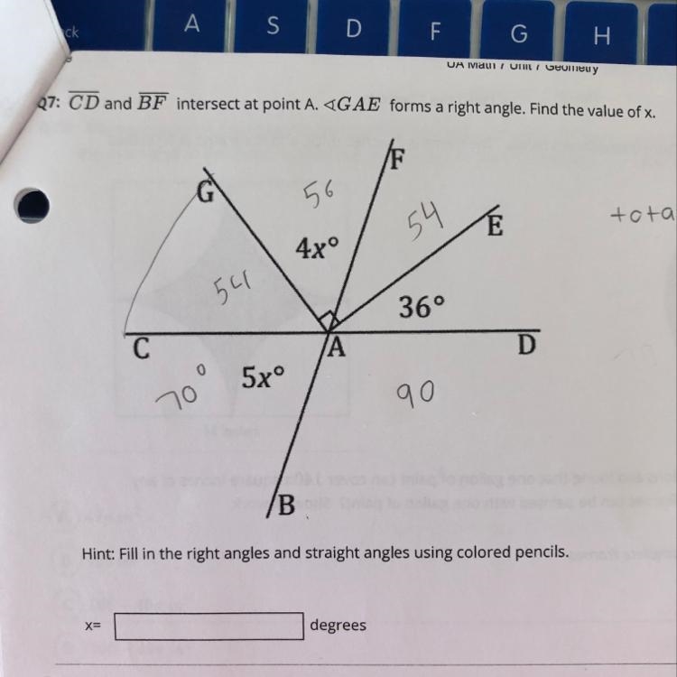 CD and BF intersect at point A. GAE forms a right angle. Find the value of X-example-1