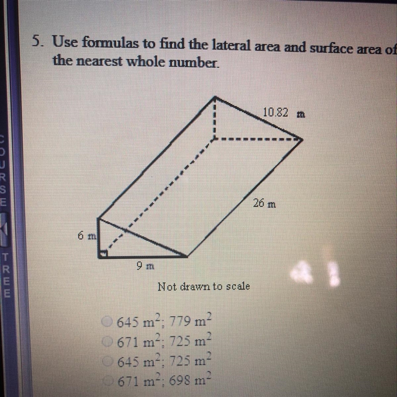 use formulas to find the lateral area and surface area of the given prism. Round your-example-1