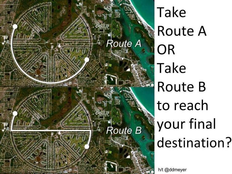 PLEASE HELP ASAP What would the degree of Route A be in radians? If you were to connect-example-1