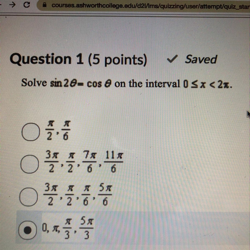 Solve sin 2ø= cos ø on the interval 0-example-1