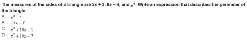 The measures of the sides of a triangle are 2x + 3, 8x – 4, and . Write an expression-example-1