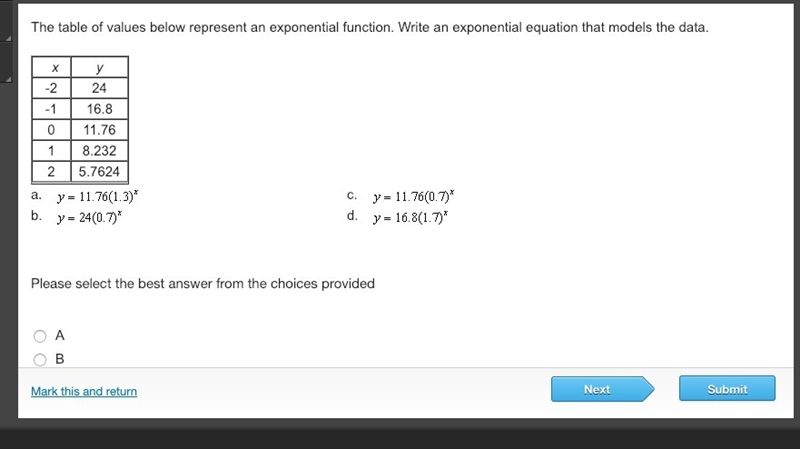 The table of values below represent an exponential function. Write an exponential-example-1