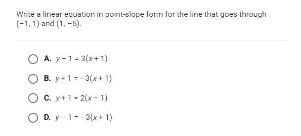 Write a linear equation in point slope form the line that goes through (-1,1) and-example-1