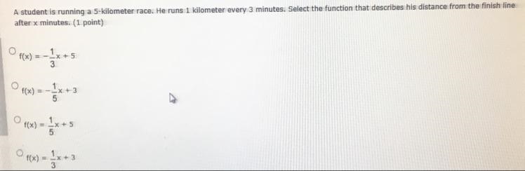 A student is running a 5 kilometer race. He runs 1 kilometer every 3 minutes. Select-example-1