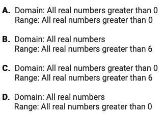 What are the domain and range of the exponential function below? F(x) = 5^x+6-example-1