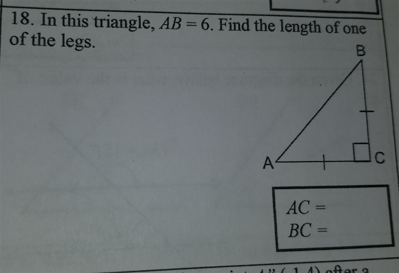 In this triangle, AB=6. Find the length of one of the legs.-example-1