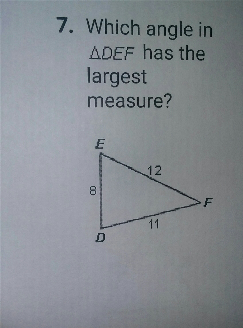 Which angle in triangle DEF has the largest measure?​-example-1