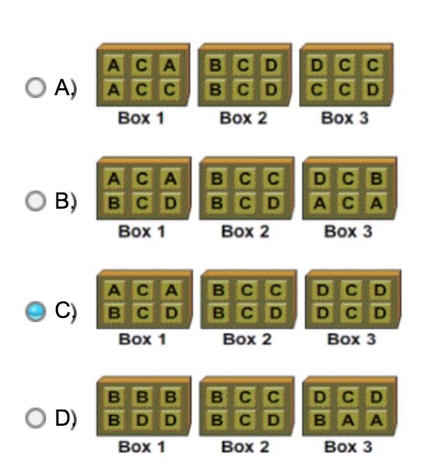 Which set of boxes containing tiles with the letters A, B, C, and D meet the following-example-1