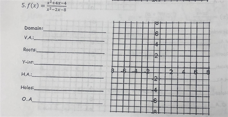 f(x) = (x^(2) +4x-4)/(x^(2) -2x-8) Domain: V.A: Roots: Y-int: H.A: Holes: O.A: Also-example-1