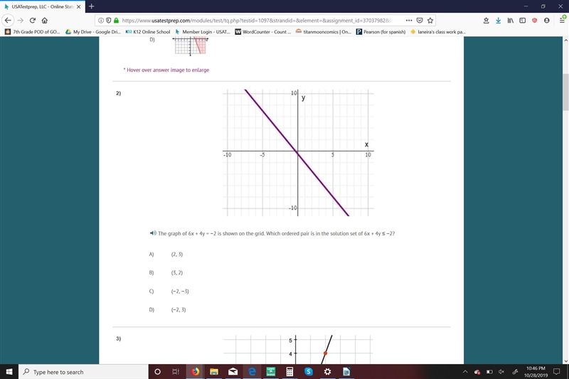 PLZ I NEED HELP FAST The graph of 6x + 4y = −2 is shown on the grid. Which ordered-example-1