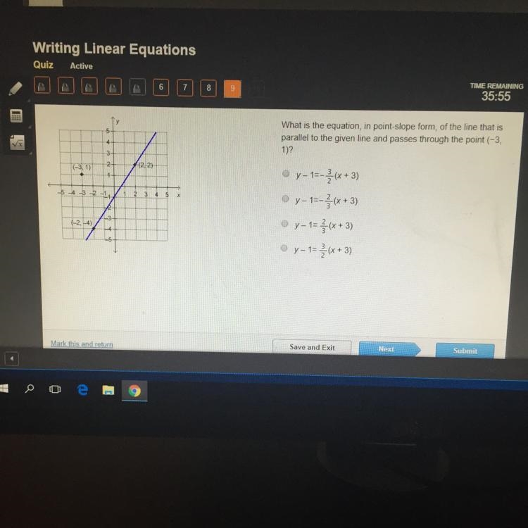 What is the equation, in point-slope form, of the line that is parallel to the given-example-1