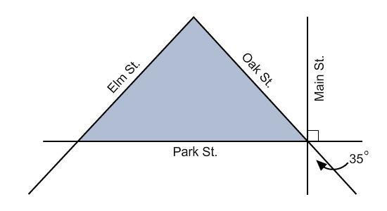 What is the measure of the angle formed by Main Street and Oak Street? 45° 55° 35° 90°-example-1