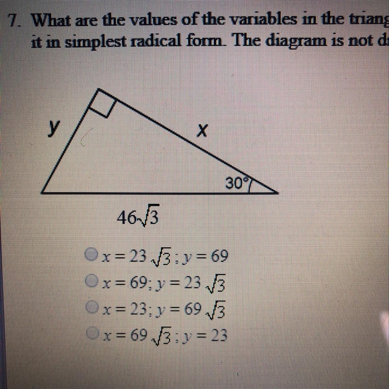 What are the values of the variables in the triangle below? if the answer is not an-example-1