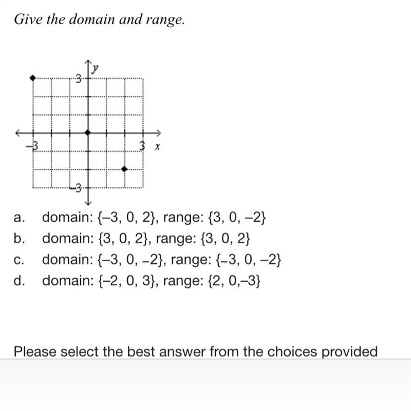 Give the domain and range. a. domain: {–3, 0, 2}, range: {3, 0, –2} b. domain: {3, 0, 2}, range-example-1