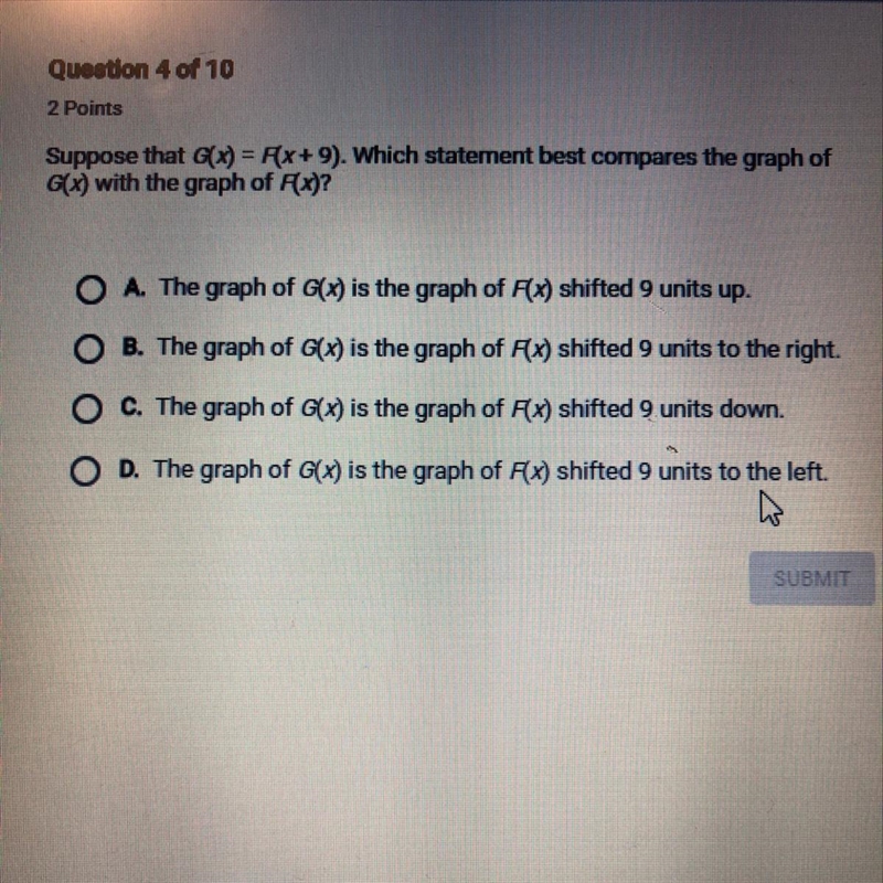 Suppose that G(X) = F(x+ 9). Which statement best compares the graph of G(x) with-example-1