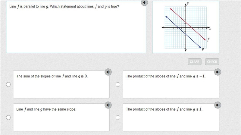 Line f is parallel to line g. Which statement about lines f and g is true?-example-1