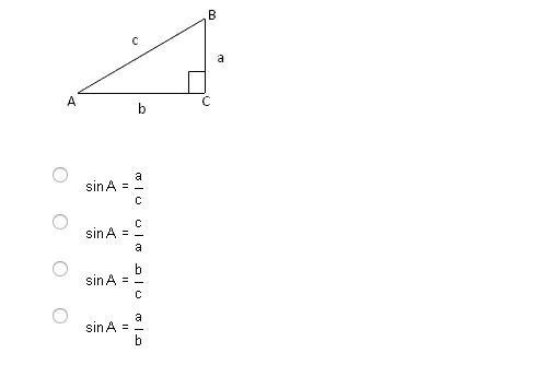 Using the following triangle, what is the sine of angle A?-example-1