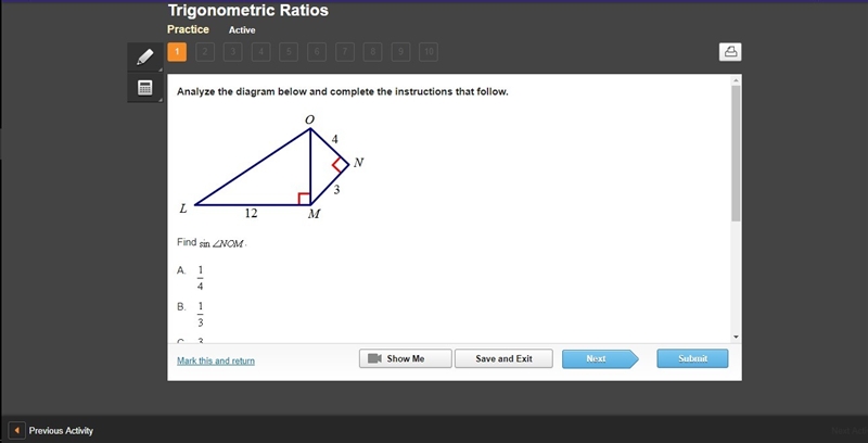 Analyze the diagram below and complete the instructions that follow. find sin 1. 1/4 2. 1/3 3. 3/5 4. 4/5-example-1