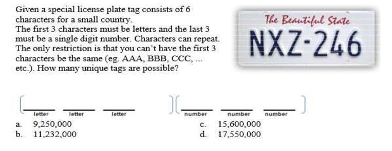 Given a special license plate tag consists of 6 characters for a small country. The-example-1