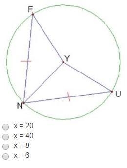 Find the value of x, if m arc FN = 5x – 10 and m= arc UN = 3x + 30.-example-1