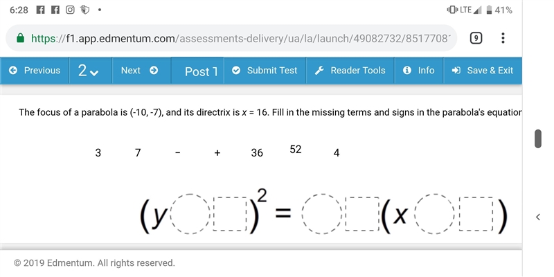 The focus of a parabola is (-10, -7), and its directrix is x = 16. Fill in the missing-example-1