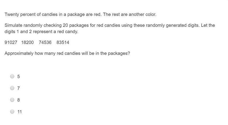 Twenty percent of candies in a package are red. The rest are another color. Simulate-example-1