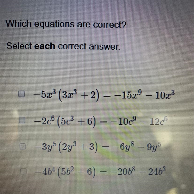 Which equations are correct? Select each correct answer.-example-1