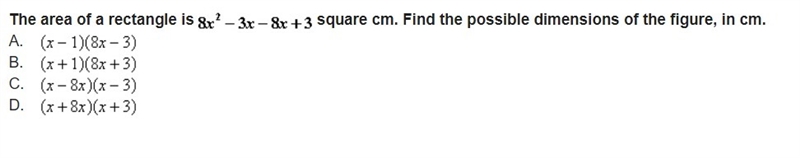 The area of a rectangle is square cm. Find the possible dimensions of the figure, in-example-1