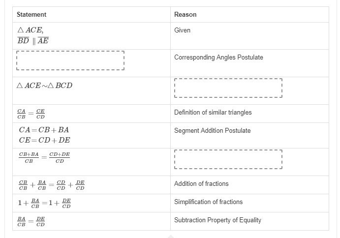 NEED HELP ASAP 70 POINTS Given: ​​ ​ △ACE,BD¯¯¯¯¯∥AE¯¯¯¯¯ ​ Prove: BA/CB=DE/CD Drag-example-2