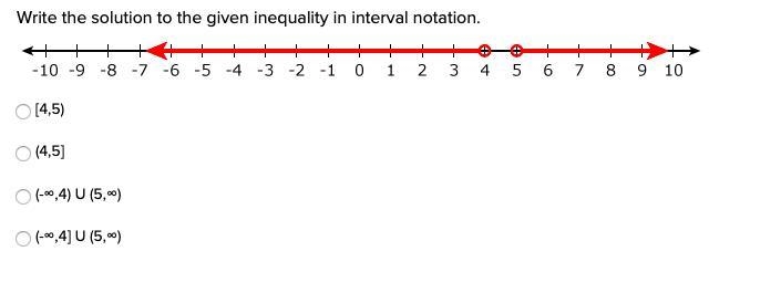 Write the solution to the given inequality in interval notation. [4,5) (4,5] (-∞,4) U-example-1