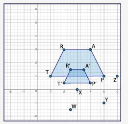 Trapezoid TRAP was dilated by a scale factor of one half to create trapezoid T'R'A-example-1