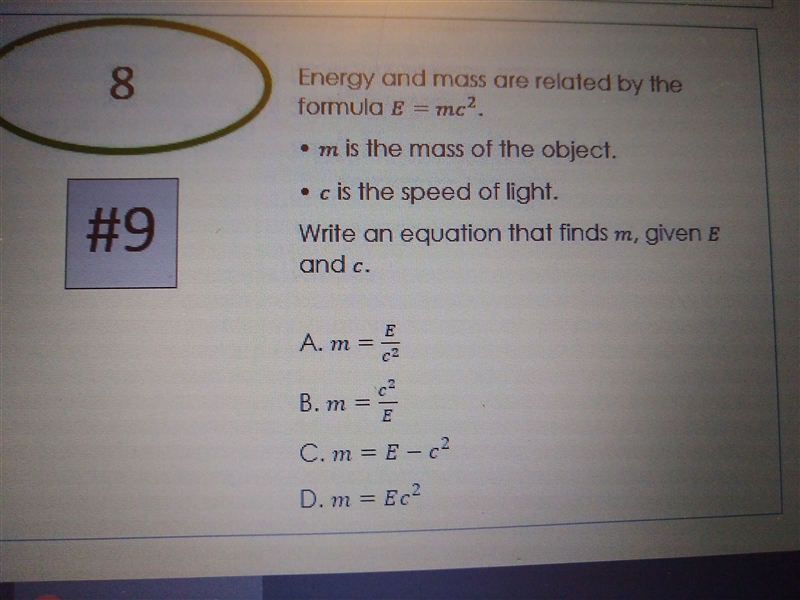 Write an equation that finds m, given E and c-example-1