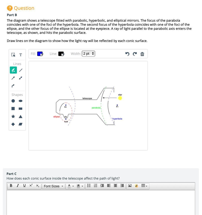 HELLP!! PART C How does each conic surface inside the telescope affect the path of-example-1