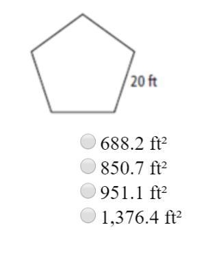 What is the area of the regular pentagon below 688.2 ft 850.7 ft 951.1 ft 1,376.4 ft-example-1