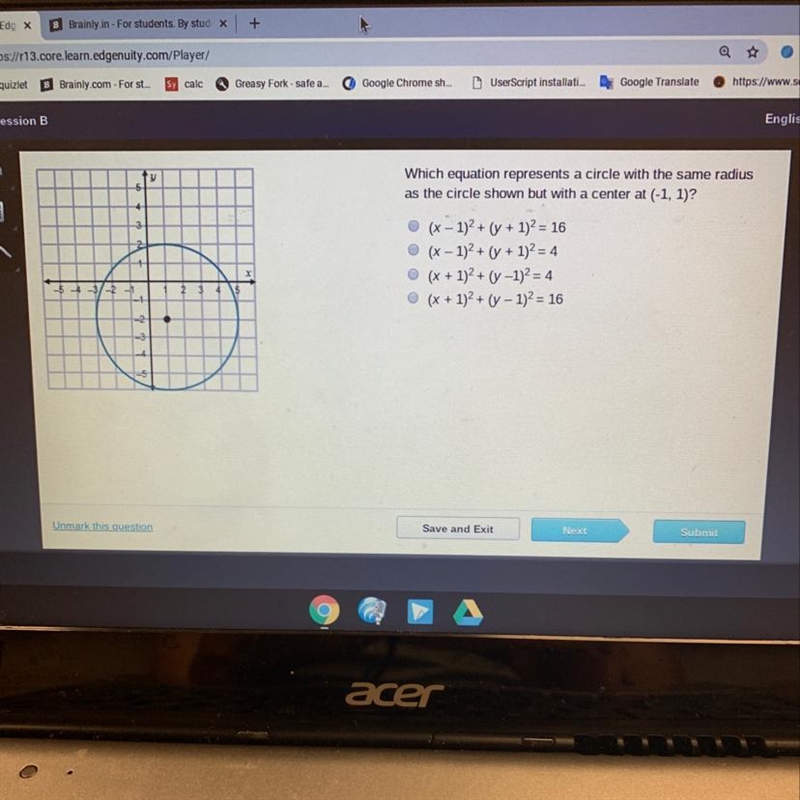 Which equation represents a circle with the same radius as the circle shown but with-example-1