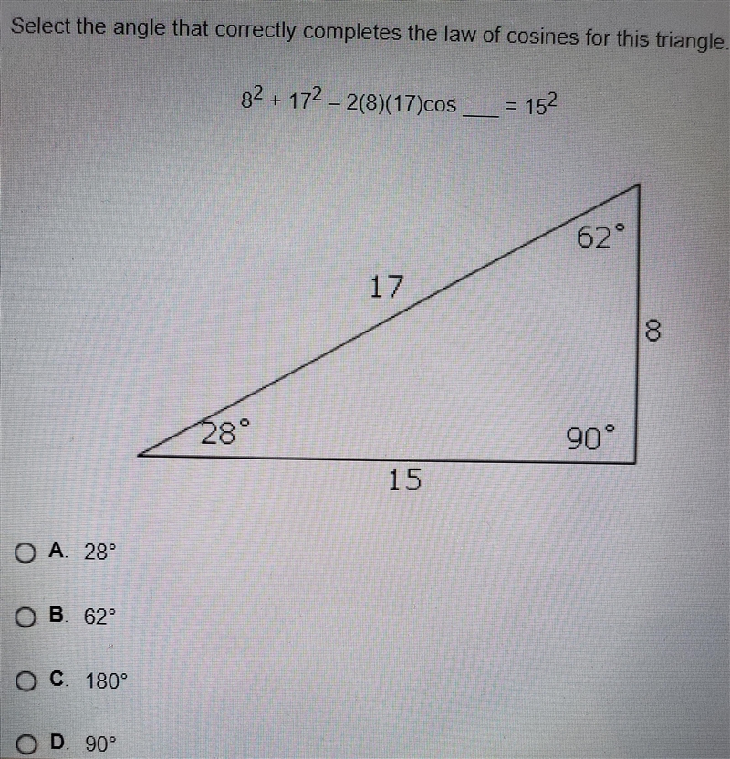 Select the angle that correctly completes the law of cosines for this triangle-example-1