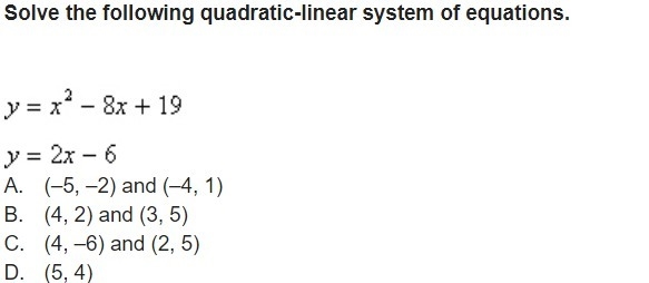 Solve the following quadratic-linear system of equations.-example-1