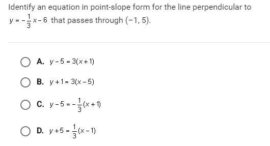 Identify the equation in point slope form for the line perpendicular to y= -1/3x-6 that-example-1