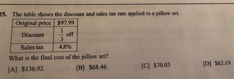 The table shows the discount and sales tax rate applied to a pillow set. What is the-example-1