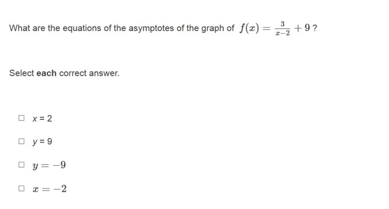 PLEASE HELP ASAP!!! CORRECT ANSWERS ONLY PLEASE!!! What are the equations of the asymptotes-example-1