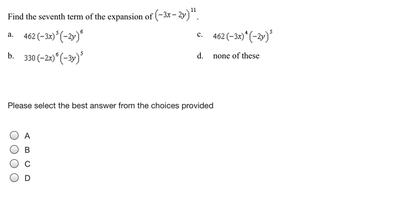 Find the seventh term of the expansion Please select the best answer from the choices-example-1