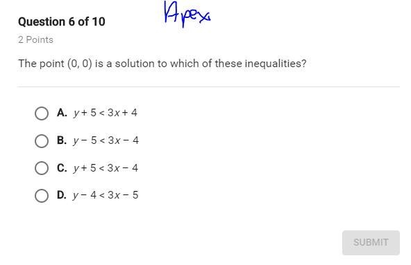 The point (0,0) is a solution to which of these inequalities?-example-1