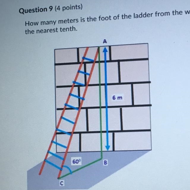 How many meters is the foot of the ladder from the wall? Round your final answer to-example-1