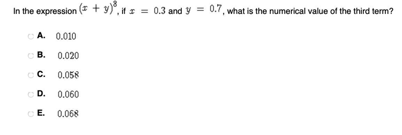 HELP ME PLEASE!! In the expression (x+y)^8 , if x=0.3 and y=0.7, what is the numerical-example-1