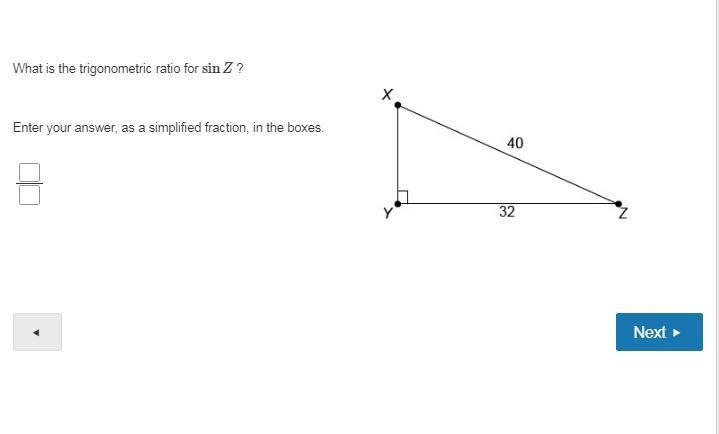 What is the trigonometric ratio for sin Z ? Enter your answer, as a simplified fraction-example-1