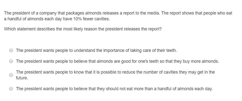 The president of a company that packages almonds releases a report to the media. The-example-1